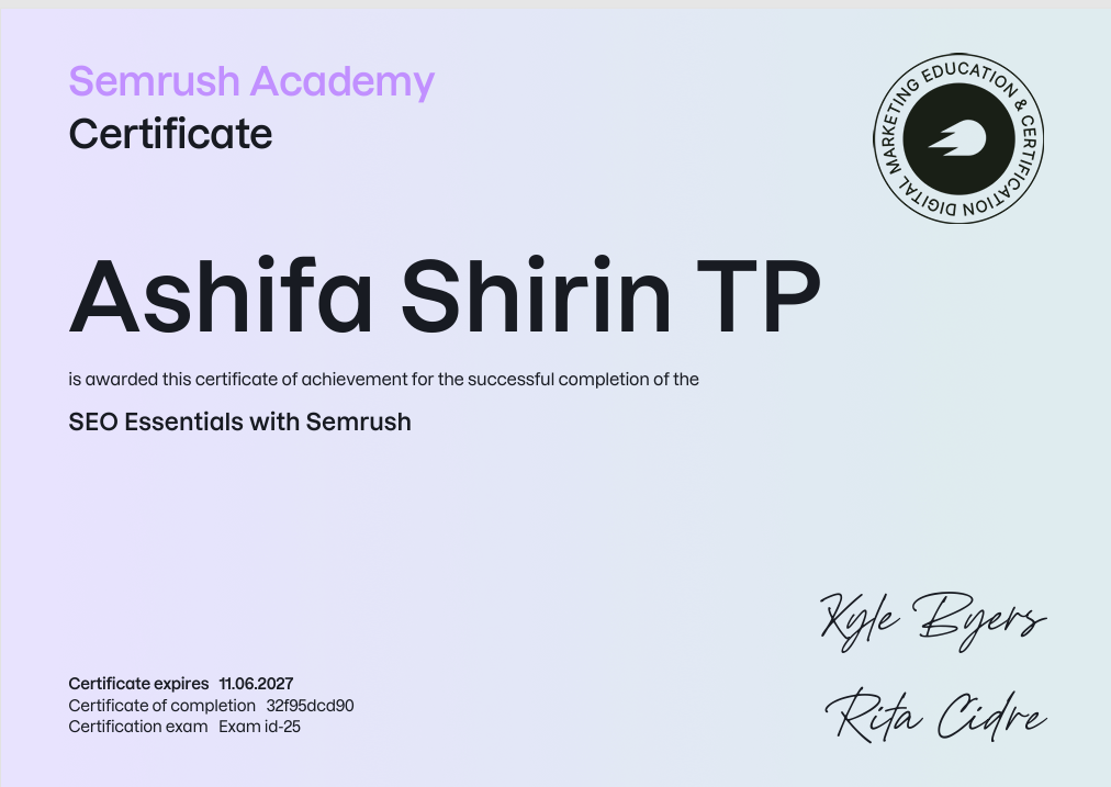 Semrush SEO essential certificate